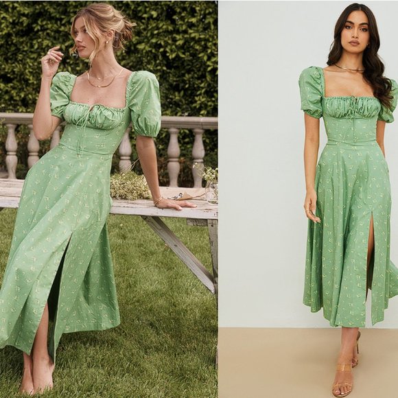 House of CB Dresses & Skirts - HOUSE OF CB 'Tallulah' Olive Floral Puff Sleeve Midi Dress NWOT